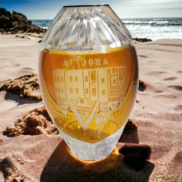 Rare Bohemian 24% Lead Crystal Amber Vase Oval Hand Cut in Poland Cut to Clear - Picture 9 of 10